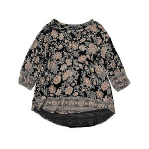Lucky Brand Tunic Top Size 1X Black Gray Floral Boho Casual Floral Gypsy Goth